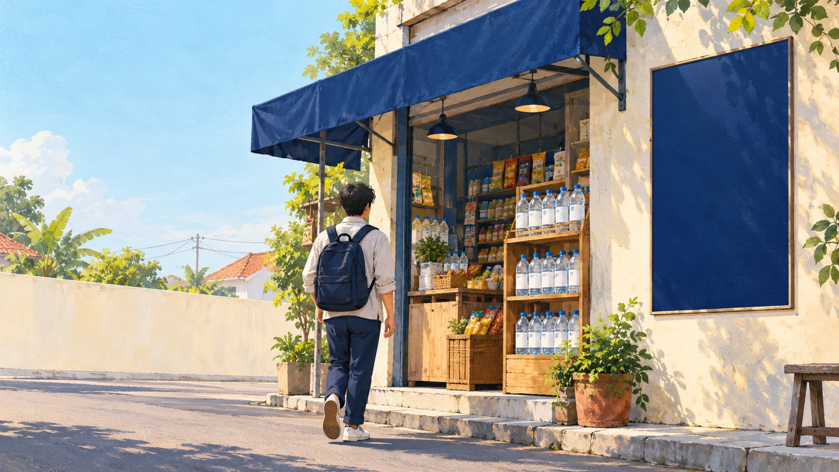 Ilustrasi konsumen mendekati warung dengan rak air minum generik